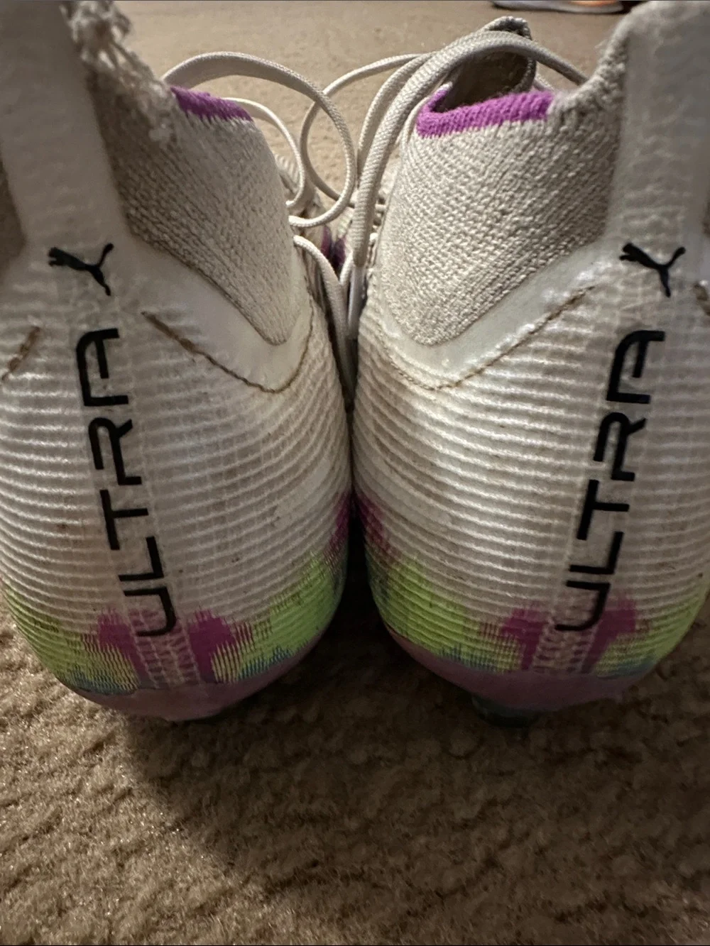 Women's White Puma Soccer Cleats with Pink & Purple Accents, 8.5